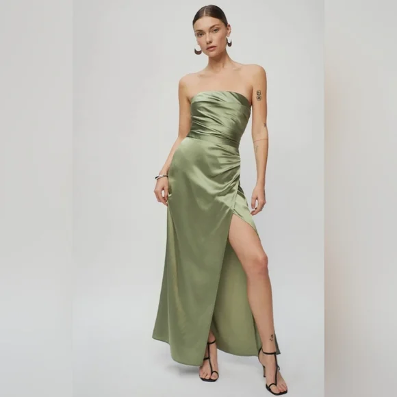 NWT Reformation Barrow Silk Dress in Artichoke Green Maxi Strapless - Picture 3 of 11
